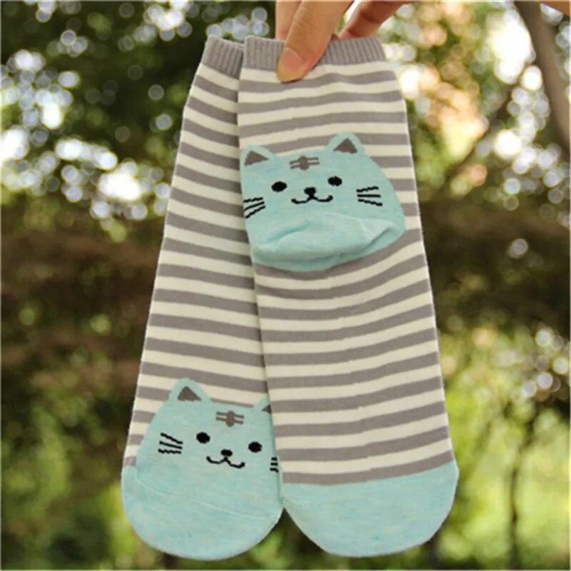 Striped Cartoon Cat Socks, 6 Color combinations - Just Cats - Gifts for Cat Lovers