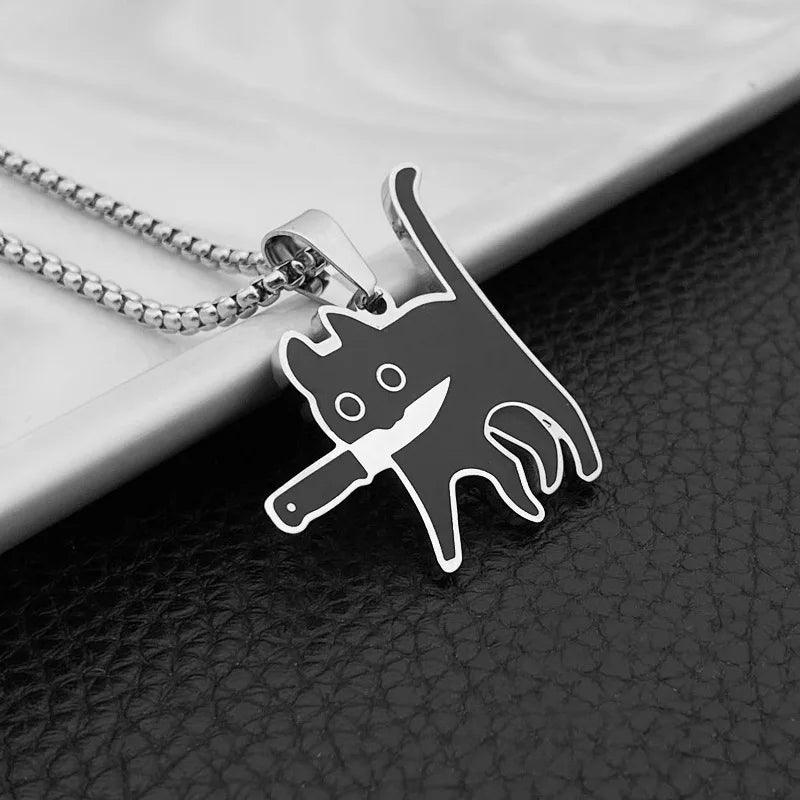 Trendy Cat with Knife Titanium Necklace - Just Cats - Gifts for Cat Lovers