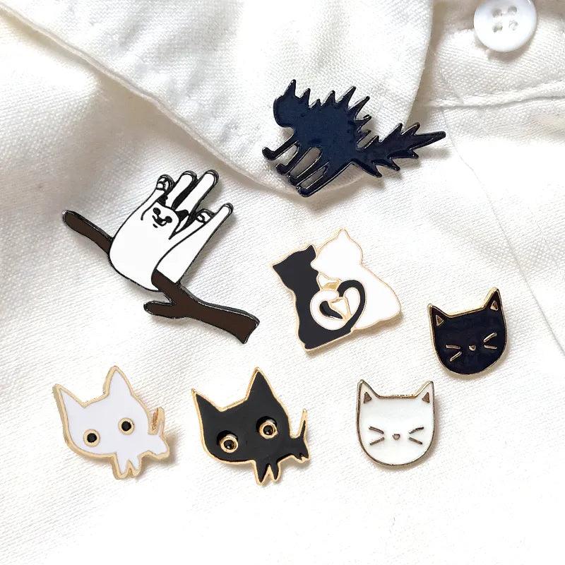 Various Black &amp; White Cartoon Cat Pins, 22 Designs - Just Cats - Gifts for Cat Lovers