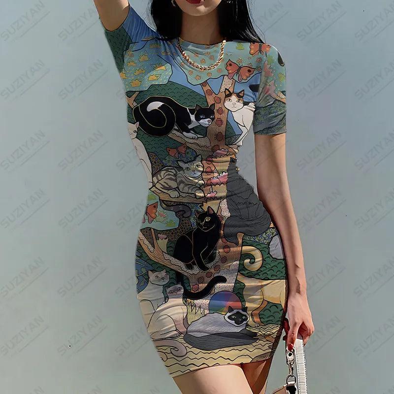 Various Cat Print Slim-Fit Spring Dresses, 7 Desings, S-5XL - Just Cats - Gifts for Cat Lovers