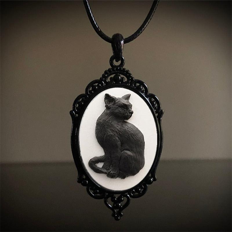 Vintage Gothic Black Cat Cameo Necklace - Just Cats - Gifts for Cat Lovers