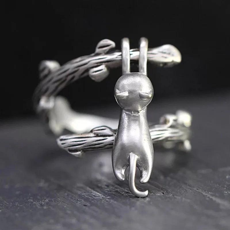 Vintage Style Cat Climbing Pendant Ring, Silver, Adjustable - Just Cats - Gifts for Cat Lovers