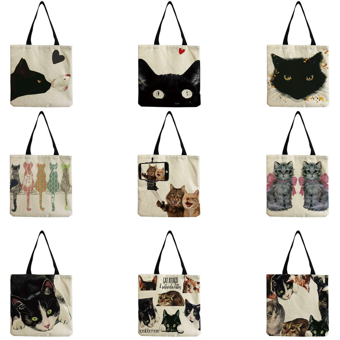 Vintage Style Cute Cat Printed Tote bag/Shopping bag, 10 designs - Just Cats - Gifts for Cat Lovers