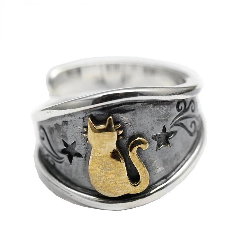 Vitntage Style Stainless Steel Golden cat Ring, Adjustable - Just Cats - Gifts for Cat Lovers
