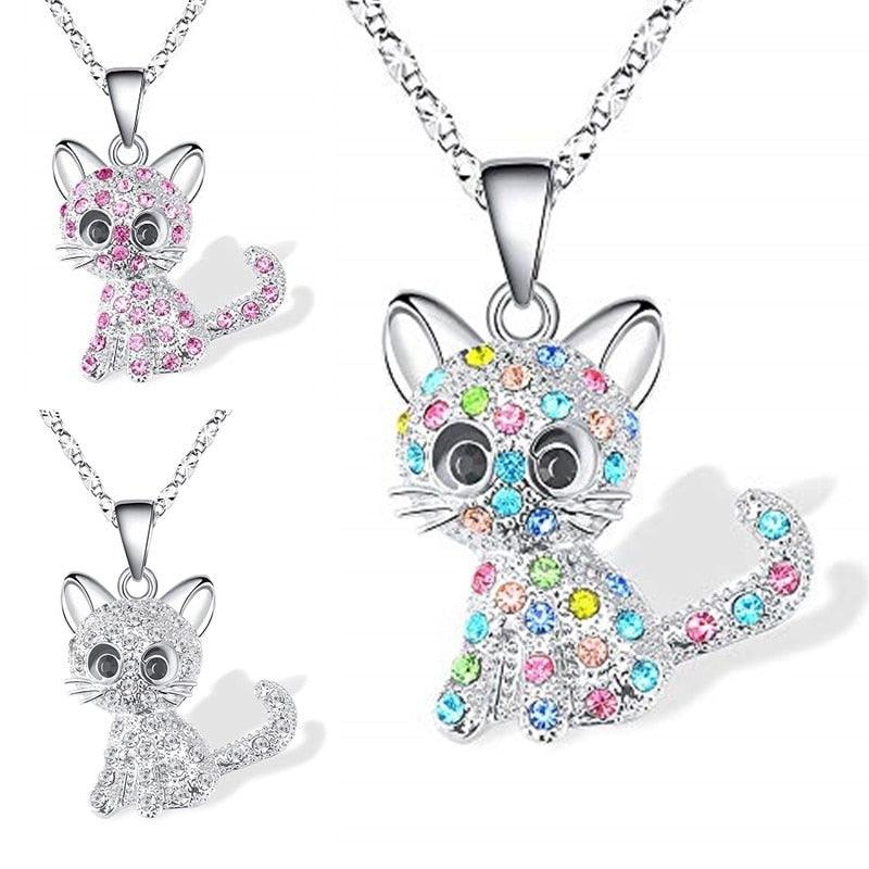 Zircon Studded Cat Pendant Necklace - Just Cats - Gifts for Cat Lovers