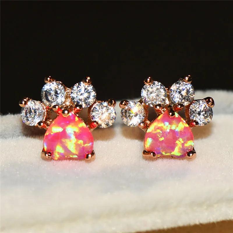 Zirconia and Opal Rose Gold Paw Print Stud Earrings, 6 colors - Just Cats - Gifts for Cat Lovers