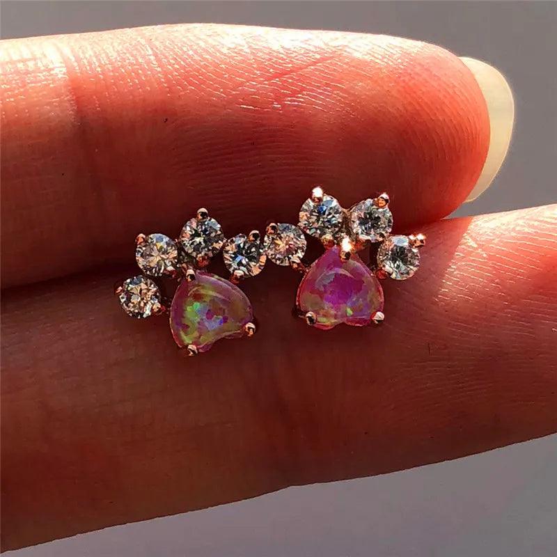 Zirconia and Opal Rose Gold Paw Print Stud Earrings, 6 colors - Just Cats - Gifts for Cat Lovers