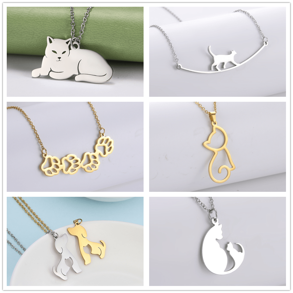 14 various Stainless Steel Cat Necklaces - Just Cats - Gifts for Cat Lovers