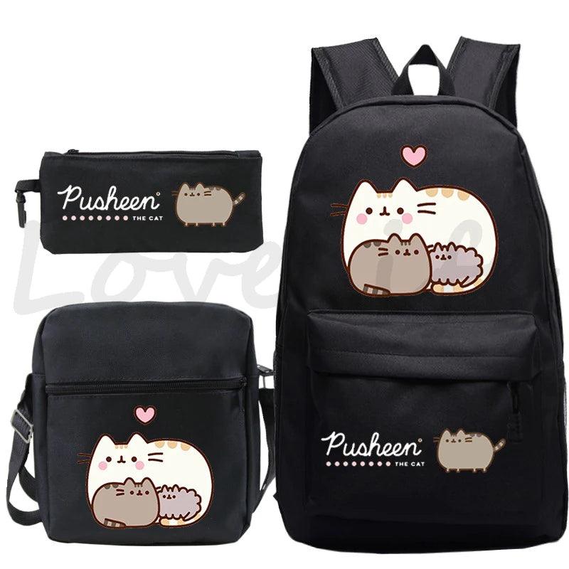 3 Pcs Pusheen Cat Backpack, Shoulder Bag and Pencil Case Set, 28 Variations - Just Cats - Gifts for Cat Lovers