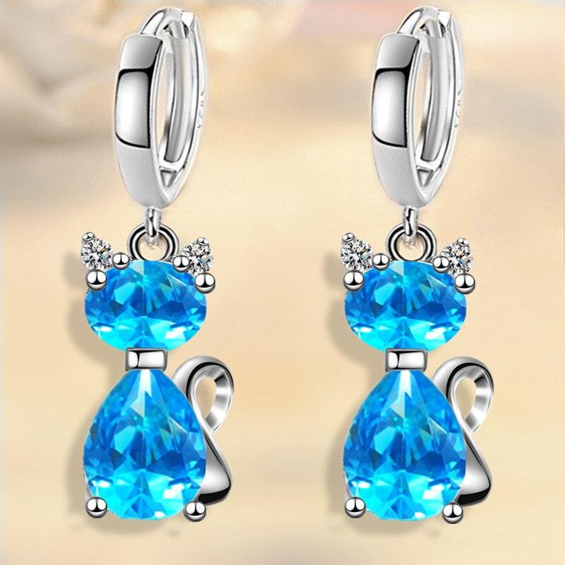 925 Sterlig Silver Zircon Cat Hoop Drop Earrings White/Pink/Blue - Just Cats - Gifts for Cat Lovers