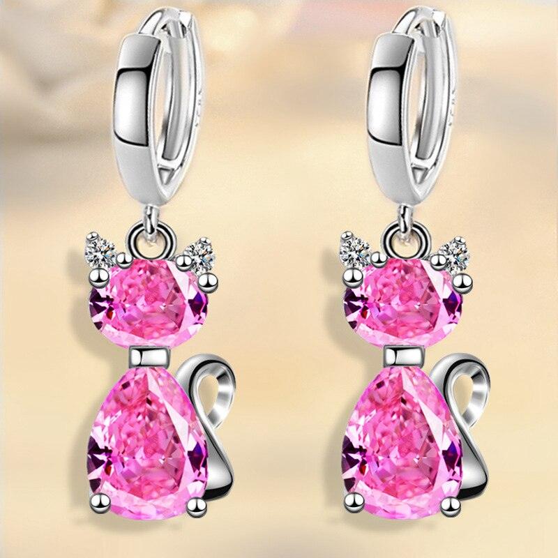 925 Sterlig Silver Zircon Cat Hoop Drop Earrings White/Pink/Blue - Just Cats - Gifts for Cat Lovers