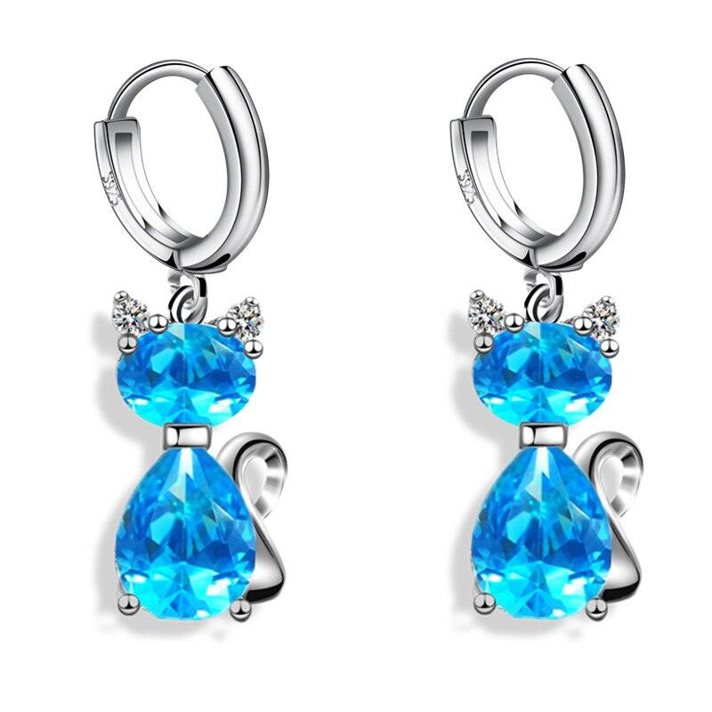 925 Sterlig Silver Zircon Cat Hoop Drop Earrings White/Pink/Blue - Just Cats - Gifts for Cat Lovers