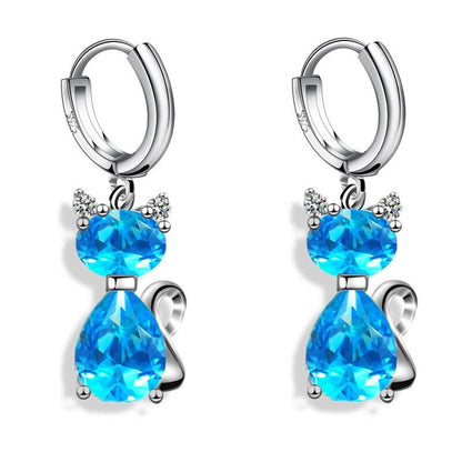 925 Sterlig Silver Zircon Cat Hoop Drop Earrings White/Pink/Blue - Just Cats - Gifts for Cat Lovers