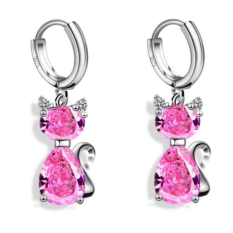 925 Sterlig Silver Zircon Cat Hoop Drop Earrings White/Pink/Blue - Just Cats - Gifts for Cat Lovers