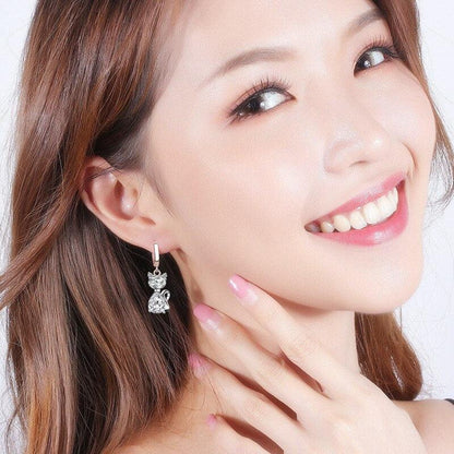 925 Sterlig Silver Zircon Cat Hoop Drop Earrings White/Pink/Blue - Just Cats - Gifts for Cat Lovers