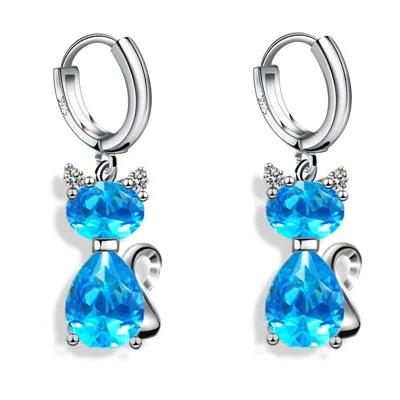 925 Sterlig Silver Zircon Cat Hoop Drop Earrings White/Pink/Blue - Just Cats - Gifts for Cat Lovers