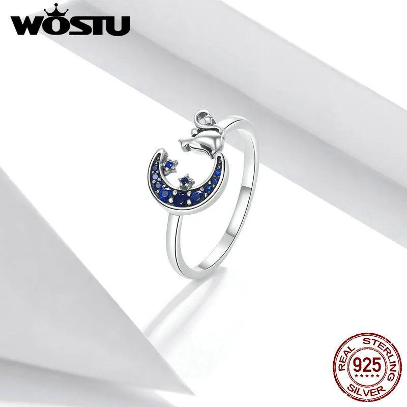 925 Sterling Silver Blue Zircon cat Moon and Stars Ring, Adjustable - Just Cats - Gifts for Cat Lovers