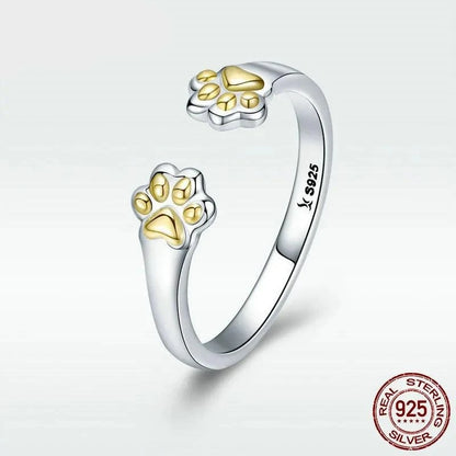 925 Sterling Silver Golden Paws Ring, Silver and Gold. Adjustable - Just Cats - Gifts for Cat Lovers