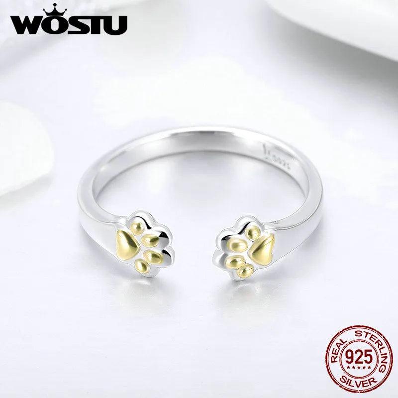 925 Sterling Silver Golden Paws Ring, Silver and Gold. Adjustable - Just Cats - Gifts for Cat Lovers