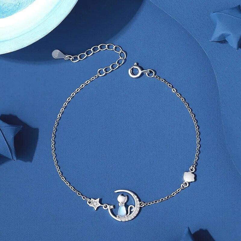 925 Sterling Silver Moonstone Cat Chain Bracelet - Just Cats - Gifts for Cat Lovers