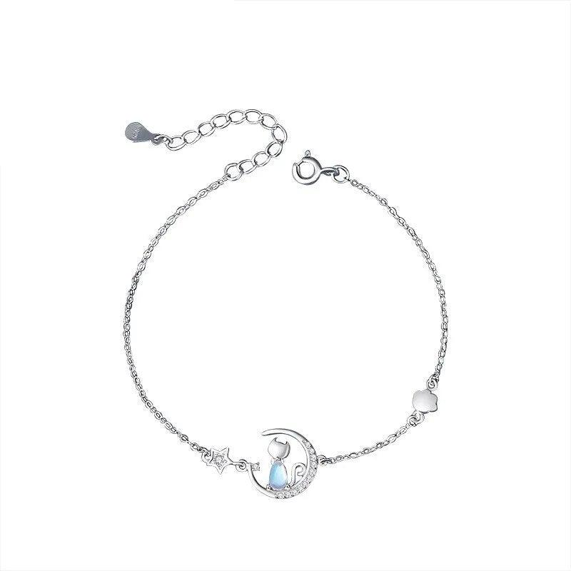 925 Sterling Silver Moonstone Cat Chain Bracelet - Just Cats - Gifts for Cat Lovers