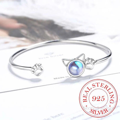 925 Sterling Silver Moonstone Cat Ear Bangle Bracelet, Silver - Just Cats - Gifts for Cat Lovers