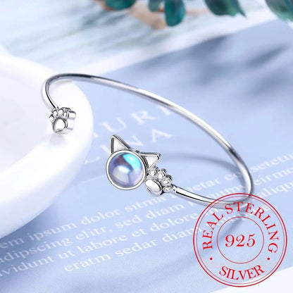 925 Sterling Silver Moonstone Cat Ear Bangle Bracelet, Silver - Just Cats - Gifts for Cat Lovers