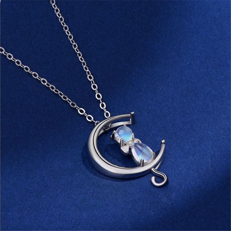 925 Sterling Silver, Moonstone Cat Pendant Necklace - Just Cats - Gifts for Cat Lovers