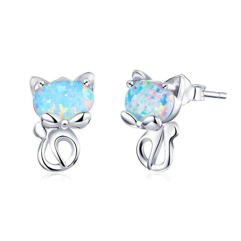 925 Sterling Silver Opal Stud Cat Earrings - Just Cats - Gifts for Cat Lovers