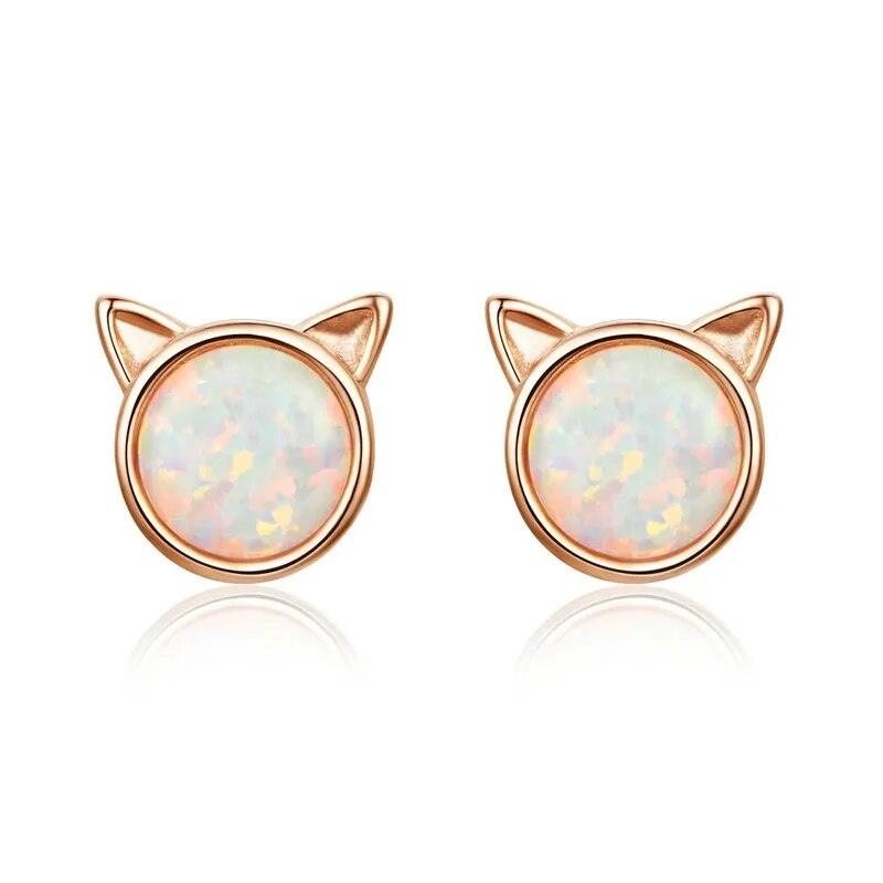 925 Sterling Silver Opal Stud Cat Earrings - Just Cats - Gifts for Cat Lovers