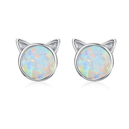 925 Sterling Silver Opal Stud Cat Earrings - Just Cats - Gifts for Cat Lovers