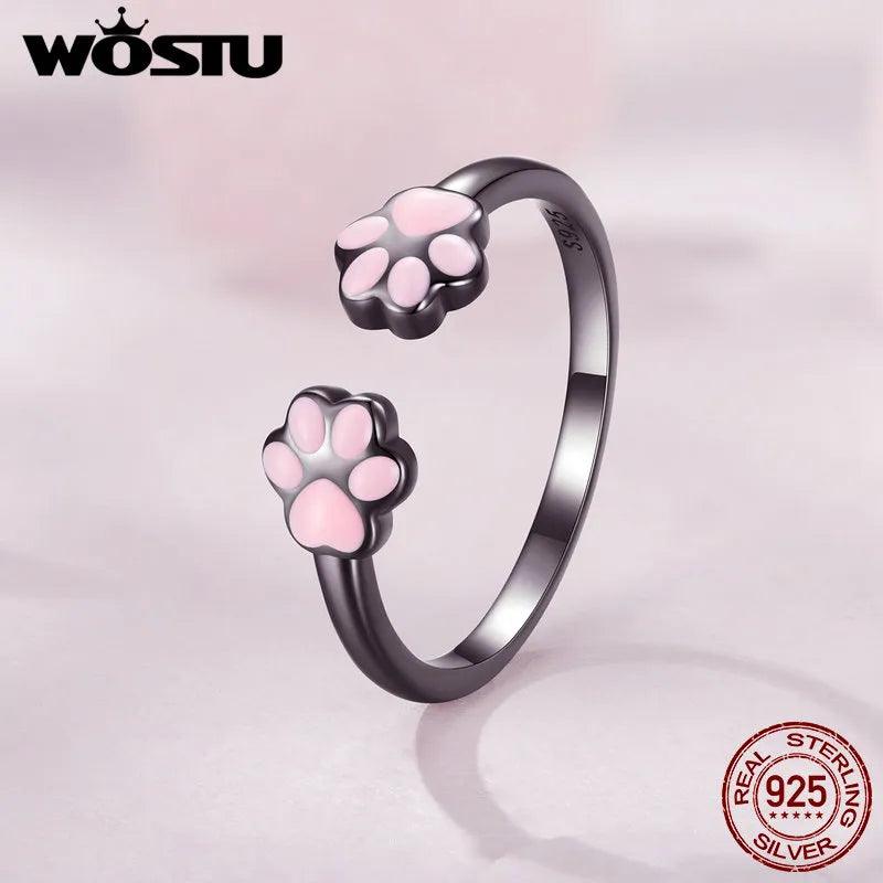 925 Sterling Silver Pink Paw Ring, Dark Silver and Pink, Adjustable - Just Cats - Gifts for Cat Lovers