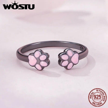 925 Sterling Silver Pink Paw Ring, Dark Silver and Pink, Adjustable - Just Cats - Gifts for Cat Lovers