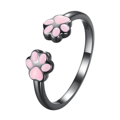 925 Sterling Silver Pink Paw Ring, Dark Silver and Pink, Adjustable - Just Cats - Gifts for Cat Lovers