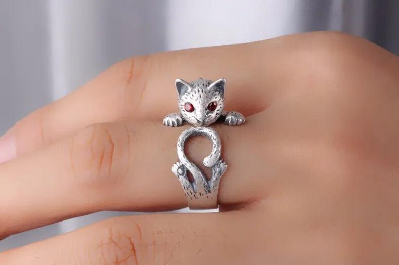 925 Sterling Silver Retro Style Ring Cat with Red Eyes, Adjustable - Just Cats - Gifts for Cat Lovers