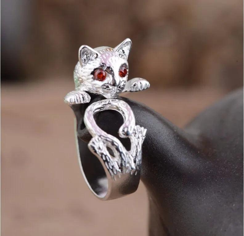 925 Sterling Silver Retro Style Ring Cat with Red Eyes, Adjustable - Just Cats - Gifts for Cat Lovers