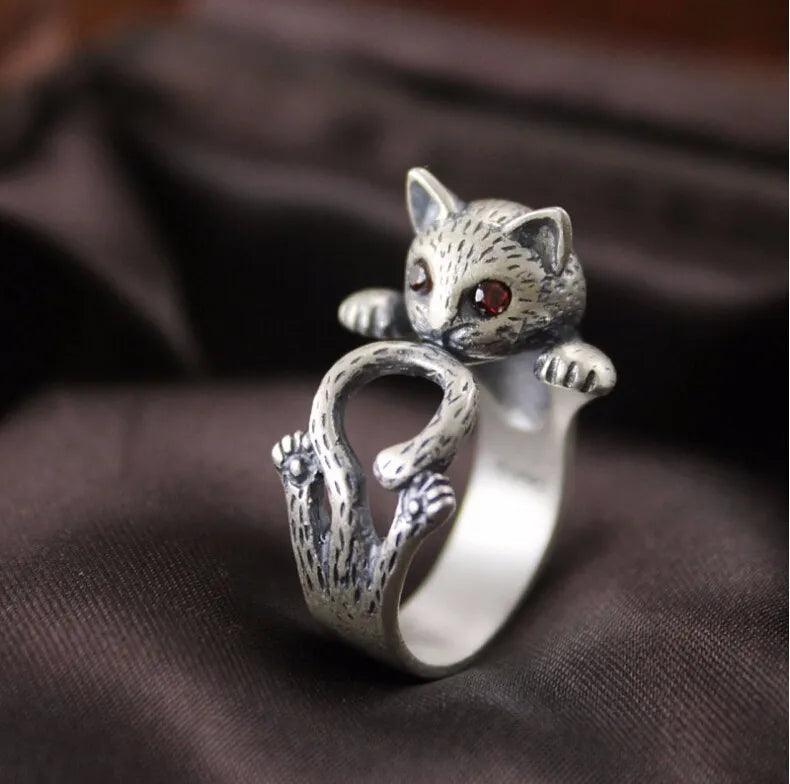 925 Sterling Silver Retro Style Ring Cat with Red Eyes, Adjustable - Just Cats - Gifts for Cat Lovers