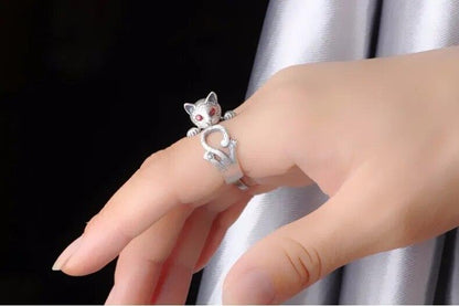 925 Sterling Silver Retro Style Ring Cat with Red Eyes, Adjustable - Just Cats - Gifts for Cat Lovers