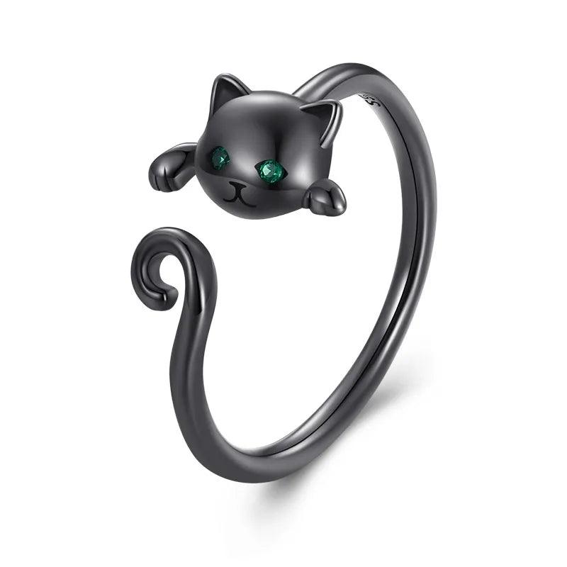 925 Sterling Silver Simple cat Rings, Black/Silver, Adjustable - Just Cats - Gifts for Cat Lovers