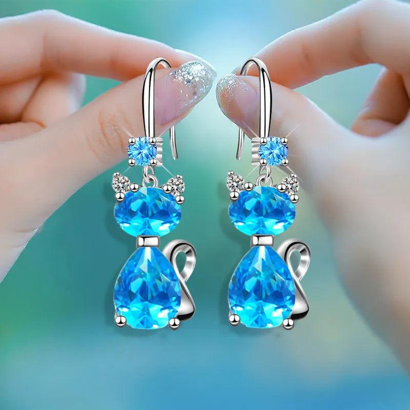 925 Sterling Silver Zircon Cat Hook Drop Earrings White/Pink/Blue - Just Cats - Gifts for Cat Lovers