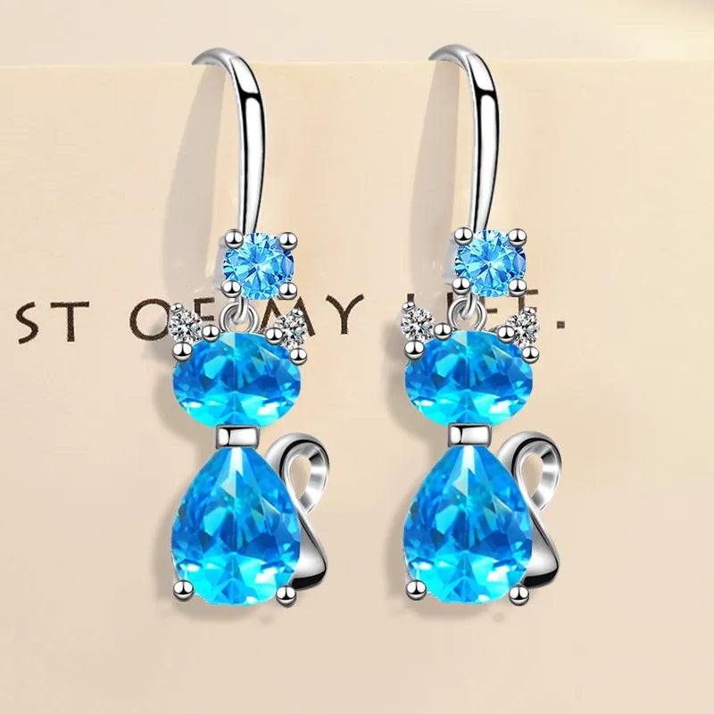 925 Sterling Silver Zircon Cat Hook Drop Earrings White/Pink/Blue - Just Cats - Gifts for Cat Lovers