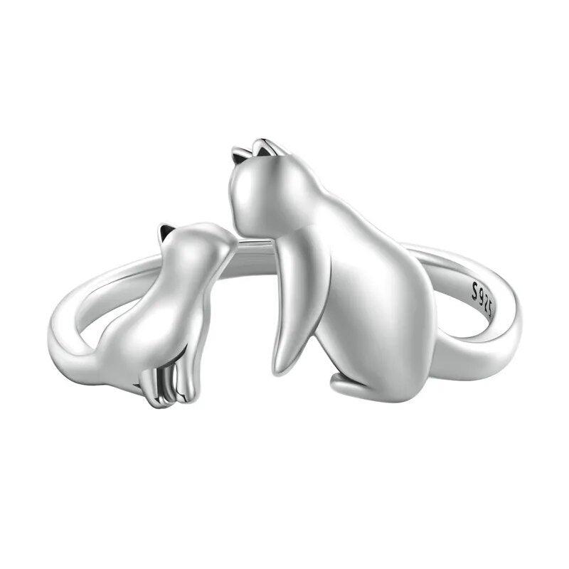 925 Sterling Silver Zircon Cats Playing, Adjustable - Just Cats - Gifts for Cat Lovers