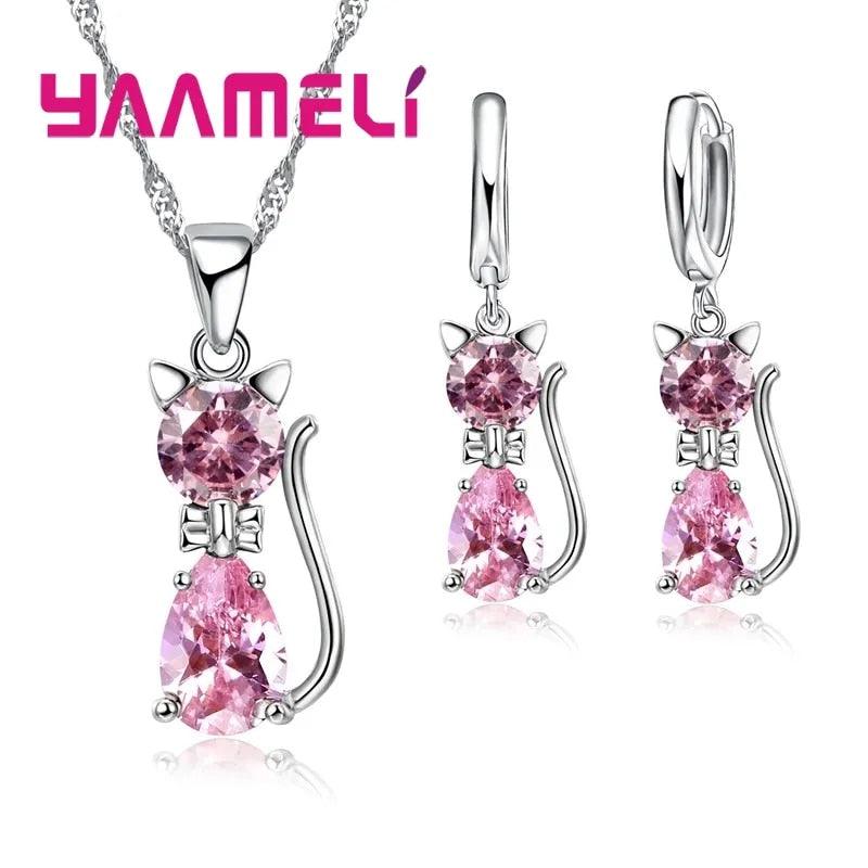 925 Sterling Silver Zirconia pendant necklace and hoop earrings set, 7 colors - Just Cats - Gifts for Cat Lovers