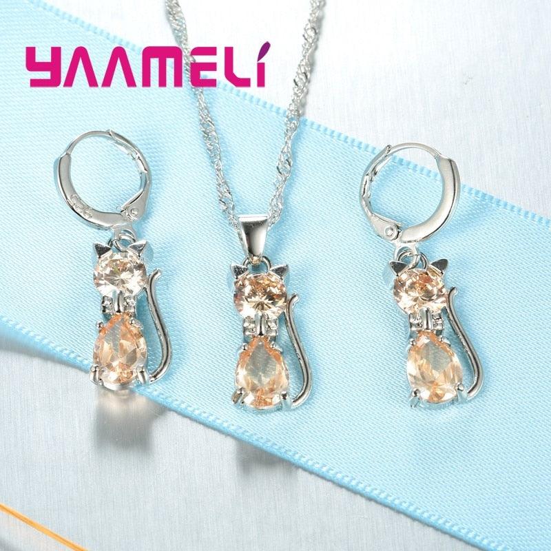 925 Sterling Silver Zirconia pendant necklace and hoop earrings set, 7 colors - Just Cats - Gifts for Cat Lovers