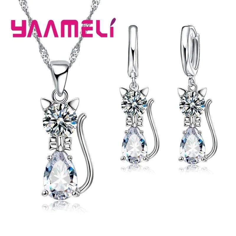 925 Sterling Silver Zirconia pendant necklace and hoop earrings set, 7 colors - Just Cats - Gifts for Cat Lovers