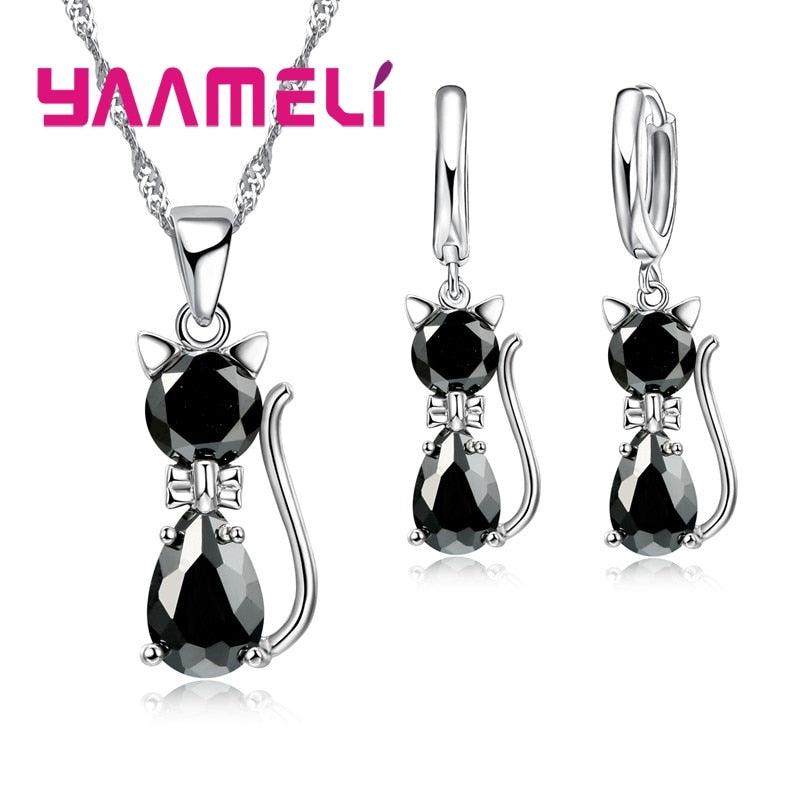 925 Sterling Silver Zirconia pendant necklace and hoop earrings set, 7 colors - Just Cats - Gifts for Cat Lovers