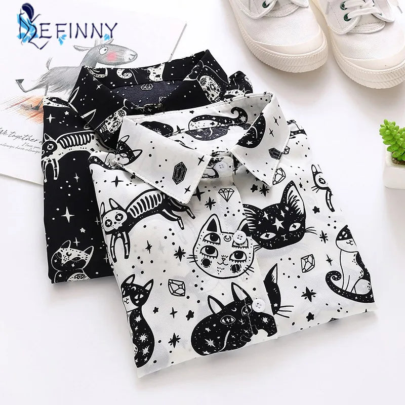 Button-Up Long Sleeve Black &amp; White Cat and Stars Shirt