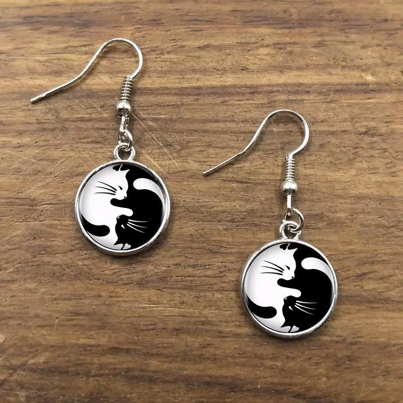 Black &amp; White Cat Glass Dangle Earrings, 2 colors