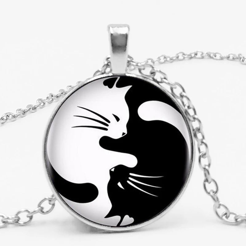 Black &amp; White Cat Glass Pendant Necklace, 3 colors