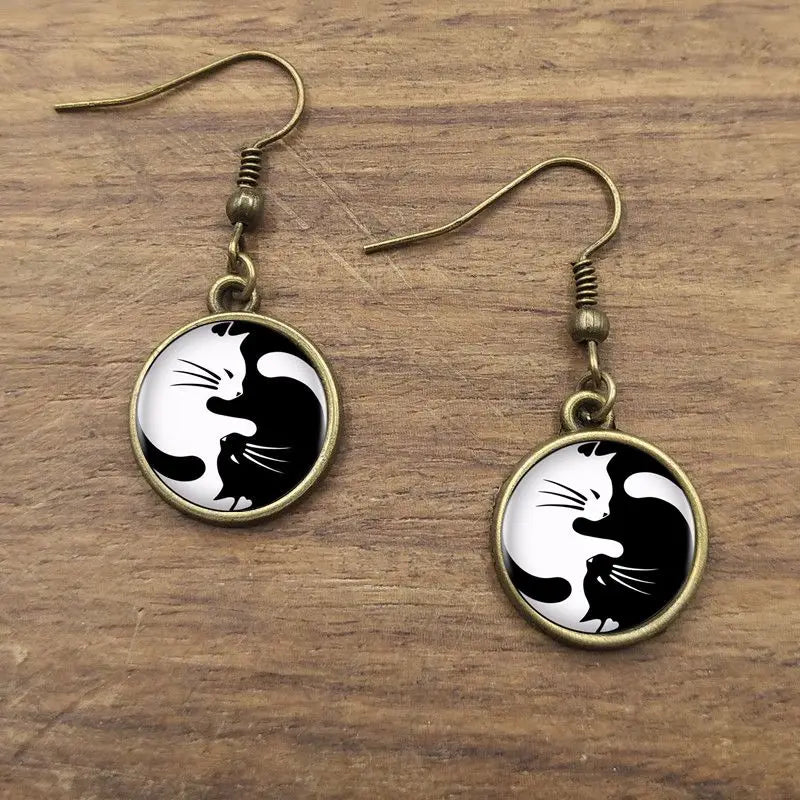 Black &amp; White Cat Glass Dangle Earrings, 2 colors